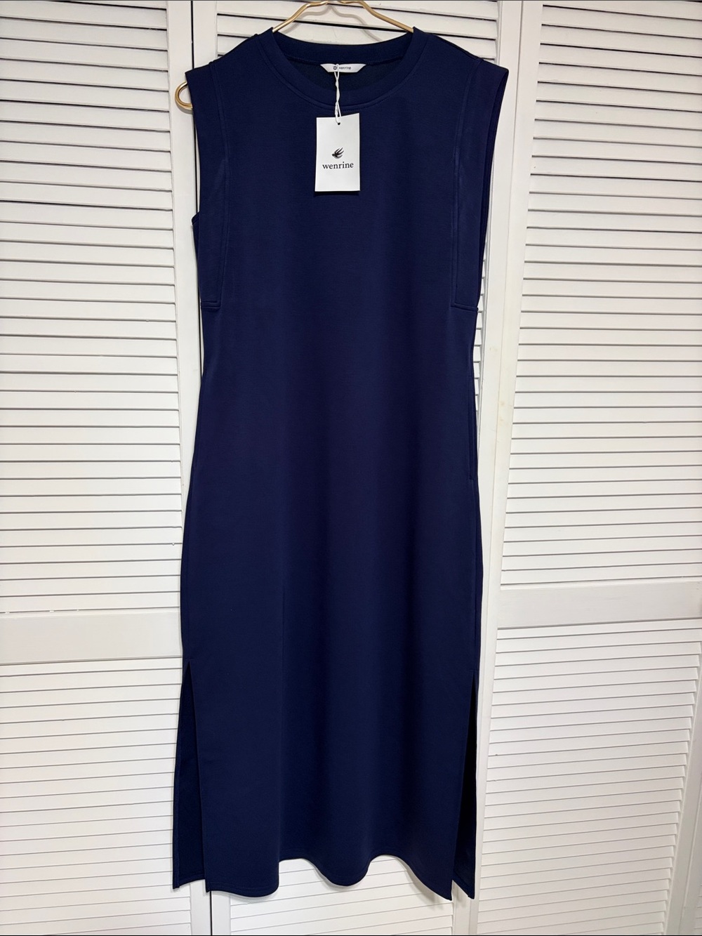 Navy Sleeveless Midi Dress with Side Slits and pockets